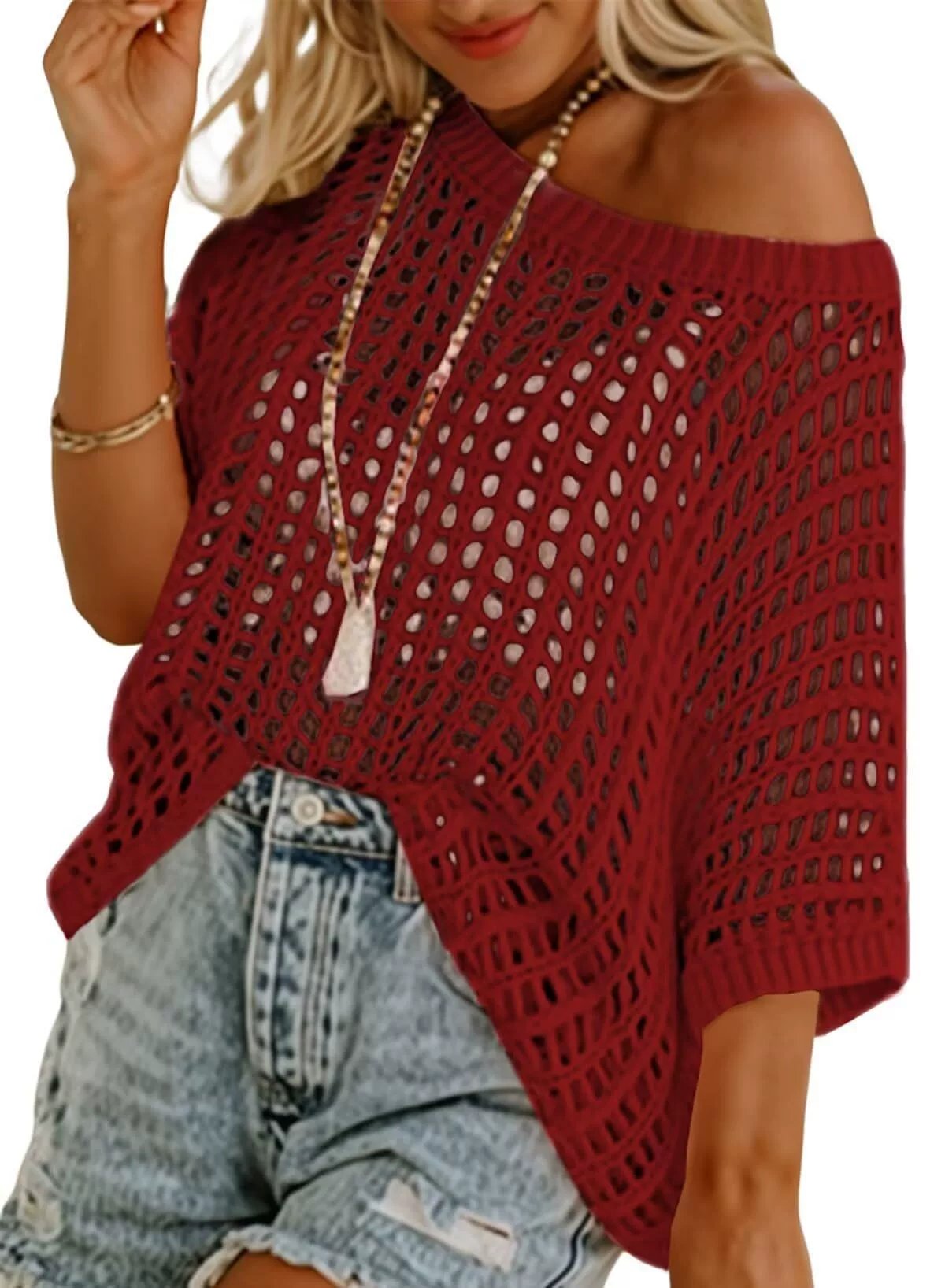 🎁TikTok Last Day Sale - 70% OFF🎉 Womens Summer Scoop Neck ShortSleeve Sweater Casual Crochet Hollow Out KnitTops