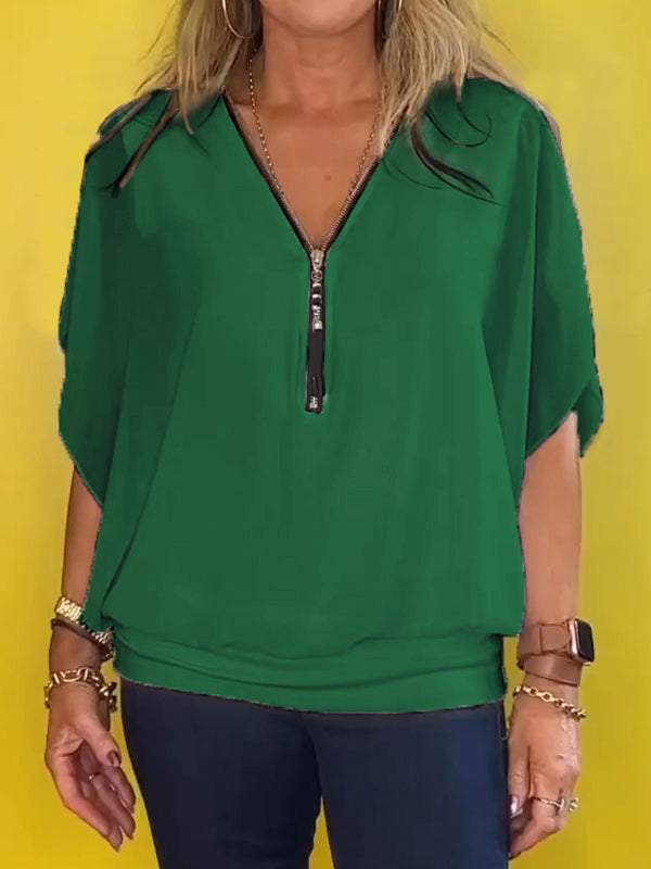 Women Chiffon Half-zip Short-sleeved Casual Shirt & Top
