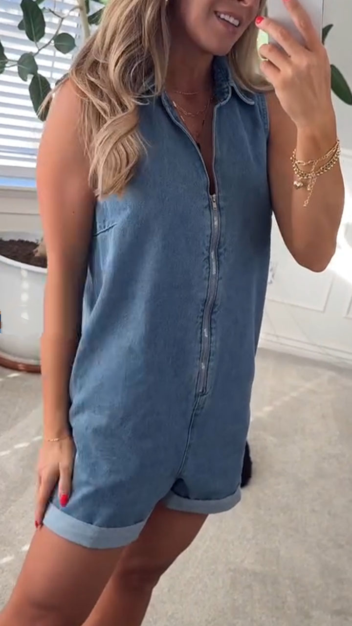 Women's Lapel Sleeveless Zipper Denim Jumpsuit