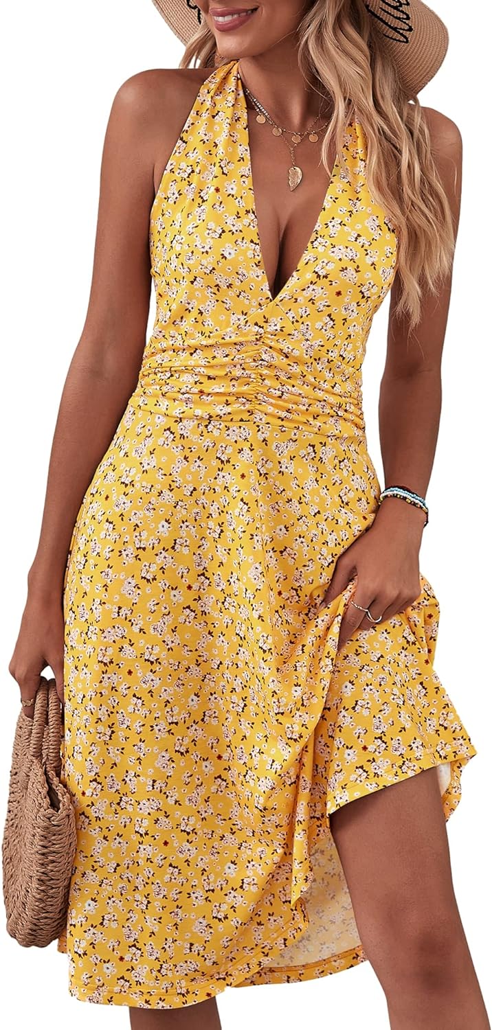 HUHOT Women's Summer Sundress Sleeveless Halter Neck Spring Boho Floral with Pocket Elastic Waist Ruffle Mini Dresses 2024