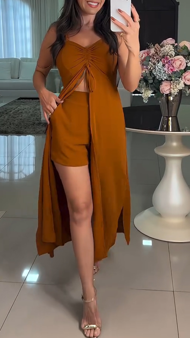 Women's Suspender Slit Long Top + Shorts Casual Suit