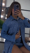 Women's Lapel Rhinestone Casual Denim Top