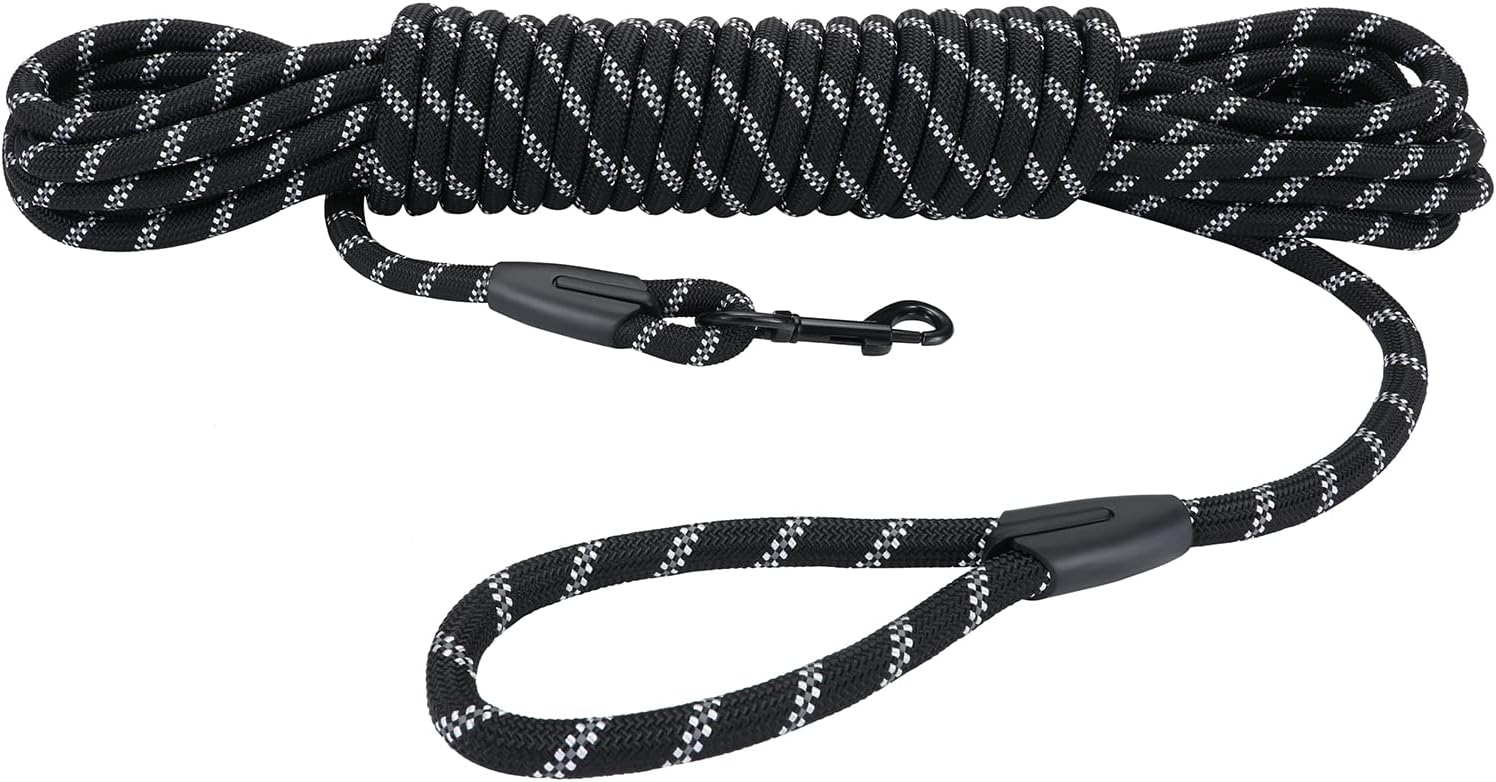 Hi Kiss Dog/Puppy Obedience Recall Training Agility Lead - 15ft 20ft 30ft 50ft 100ft Training Leash - Great for Play, Camping, or Backyard - Black 30ft