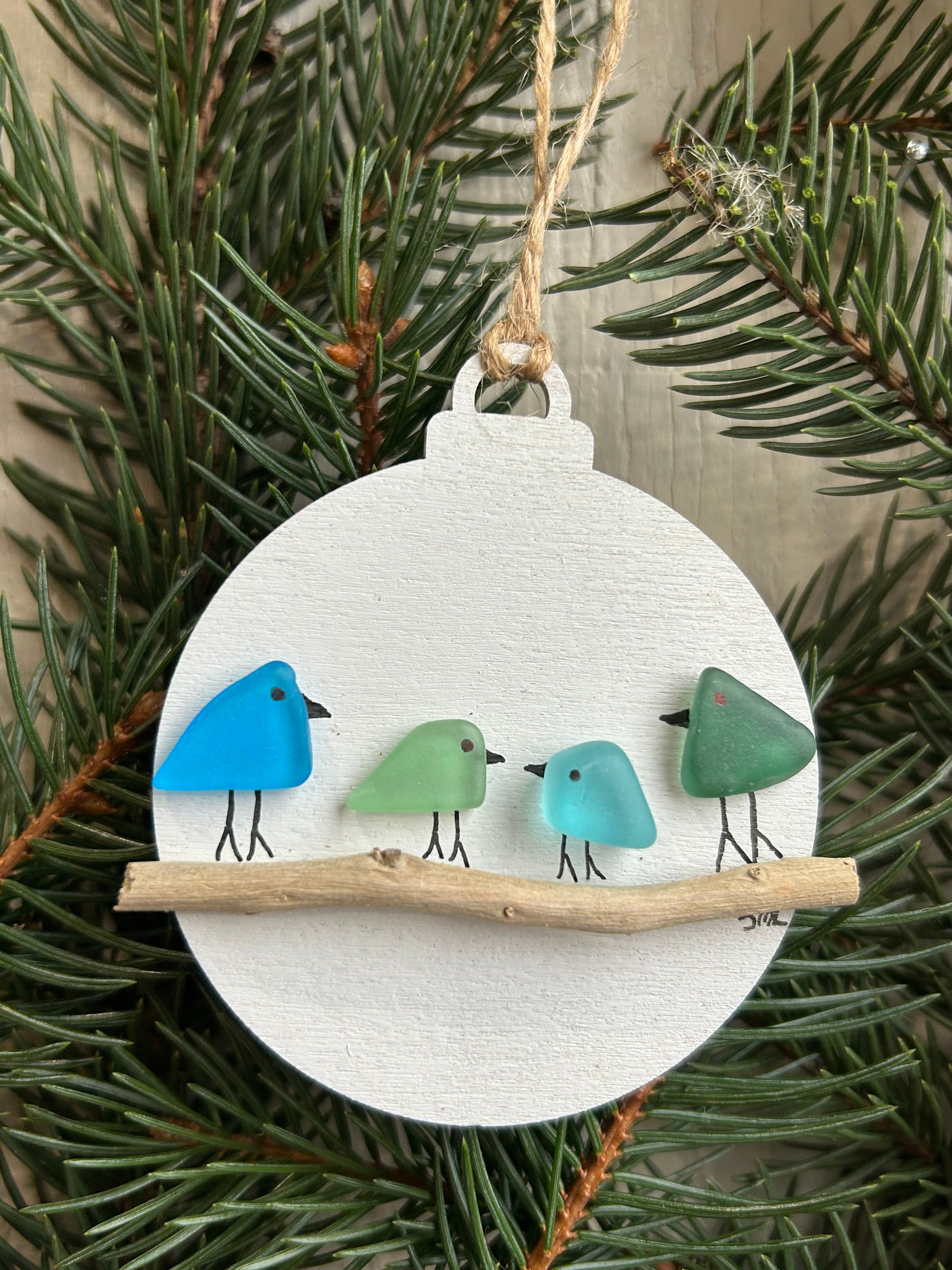 Handmade Family of Sea Glass Birds Christmas Ornament