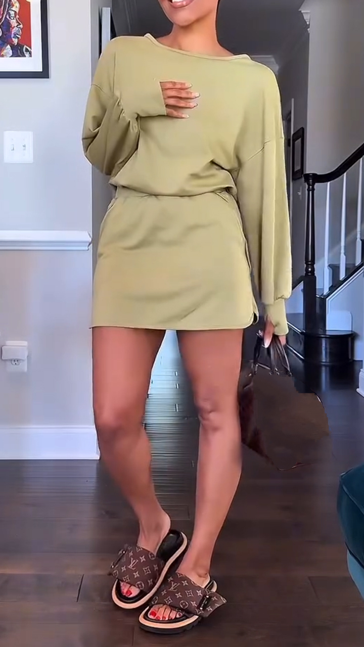 Ladies' Round Neck Solid Color Hollow Top+short Skirt Casual Set