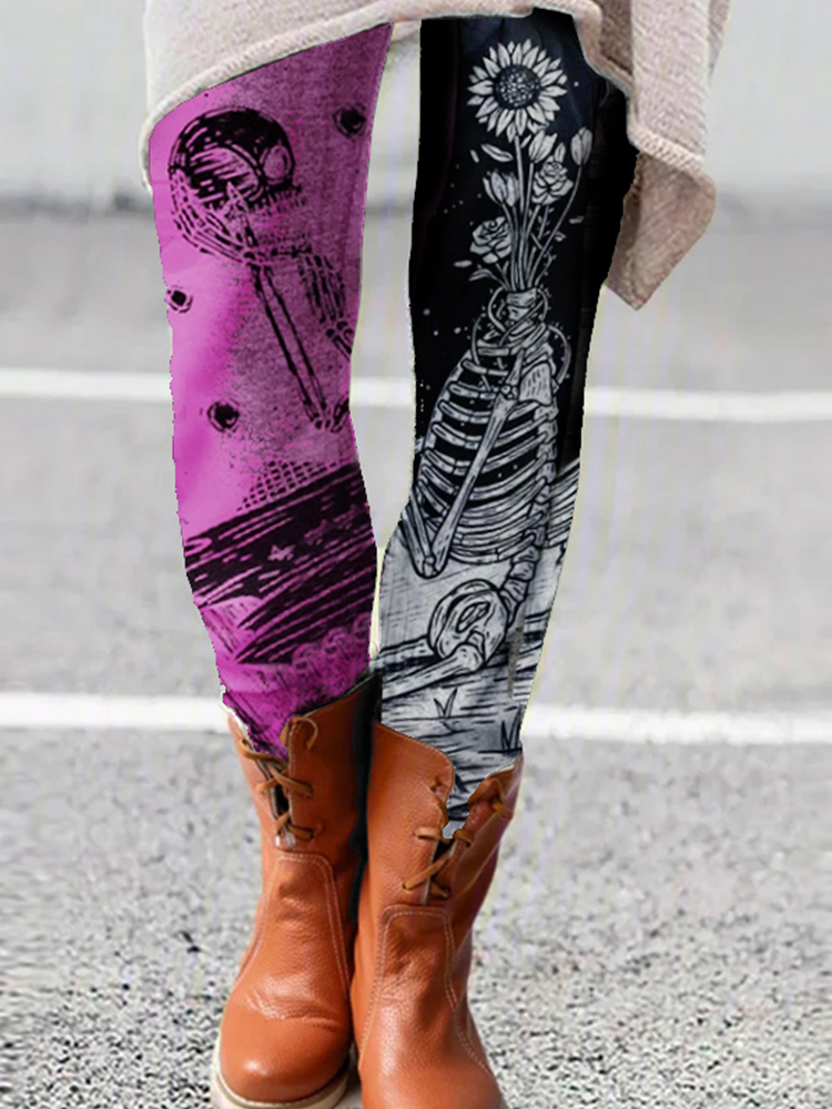 Women Casual Printing Skull Sunflower Sports Stretch Leggings