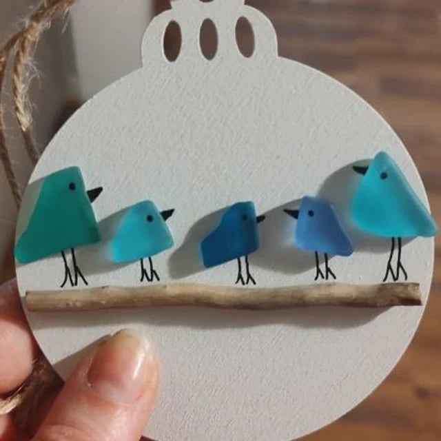 Handmade Family of Sea Glass Birds Christmas Ornament