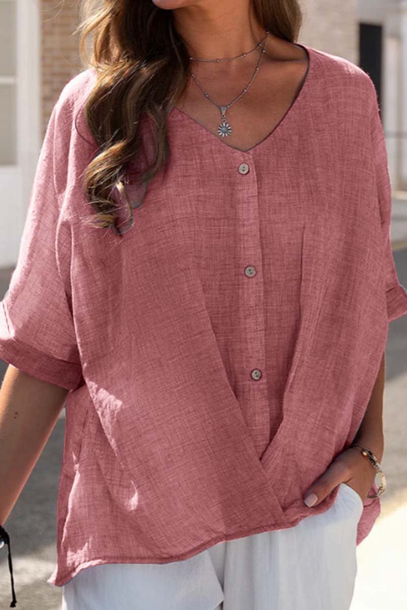 Women's cotton and linen V-neck pullover short-sleeved loose top