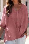 Women's cotton and linen V-neck pullover short-sleeved loose top