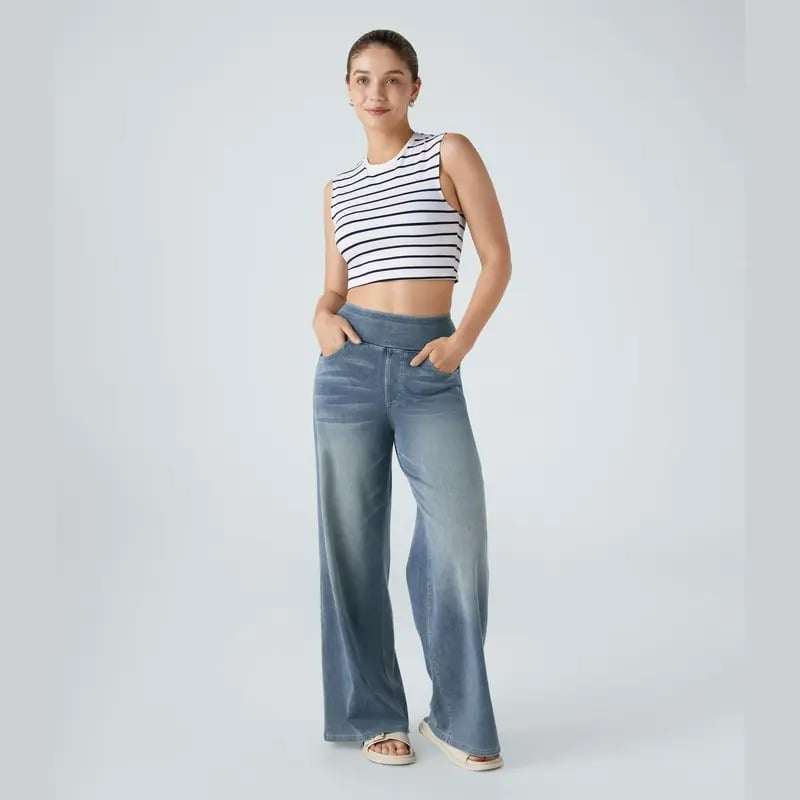 📢Letzter Tag: 49% Rabatt🏆Damen High-Waist Baggy Weite Bein Stretch Strick-Jeans – Bequeme Casual Denim