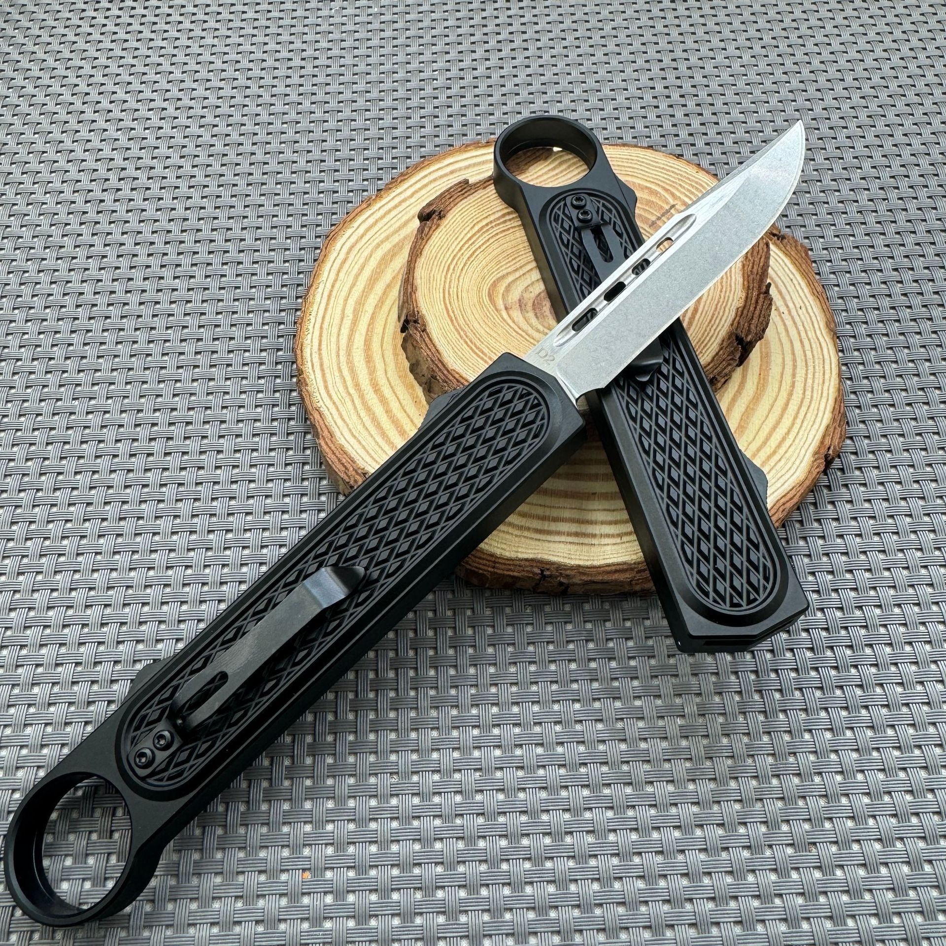 Double push button structure finger ring aluminum alloy handle OTF knife