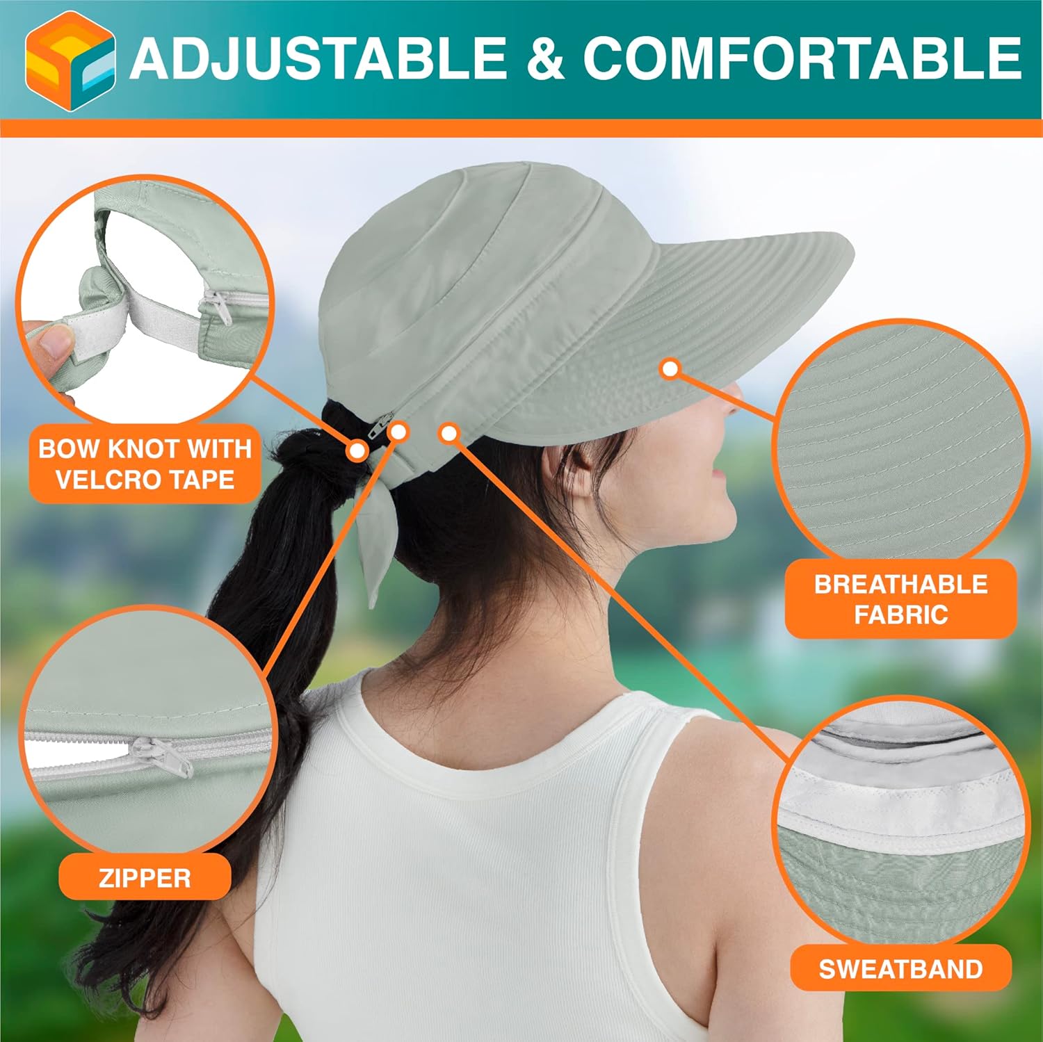 SUN CUBE Women Sun Hat for Outdoor UV Protection, Wide Brim Sun Hat Ponytail, Convertible Zip-Off Beach Hat Visor