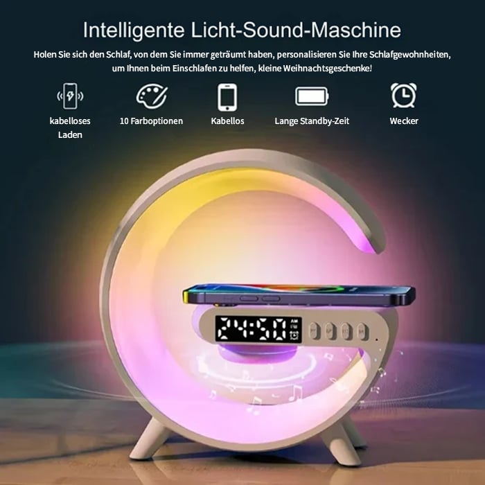 👍Multifunktionaler Bluetooth-Lautsprecher - Buntes Atmosphärenlicht, kabelloses Laden und Uhr, All-in-One-Gerät