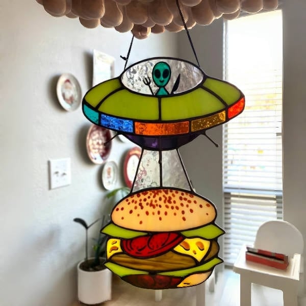 🛸UFO Abduction a Cow Stained Glass Suncatcher