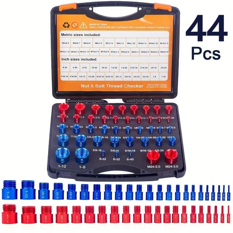 🔥44Pcs Alloy Nut and Bolt Thread Inspector, Charge-Free Thread Gauge, Metric and SAE Size Identification Tool for Inspection of Fixed Bolts or Threaded Holes