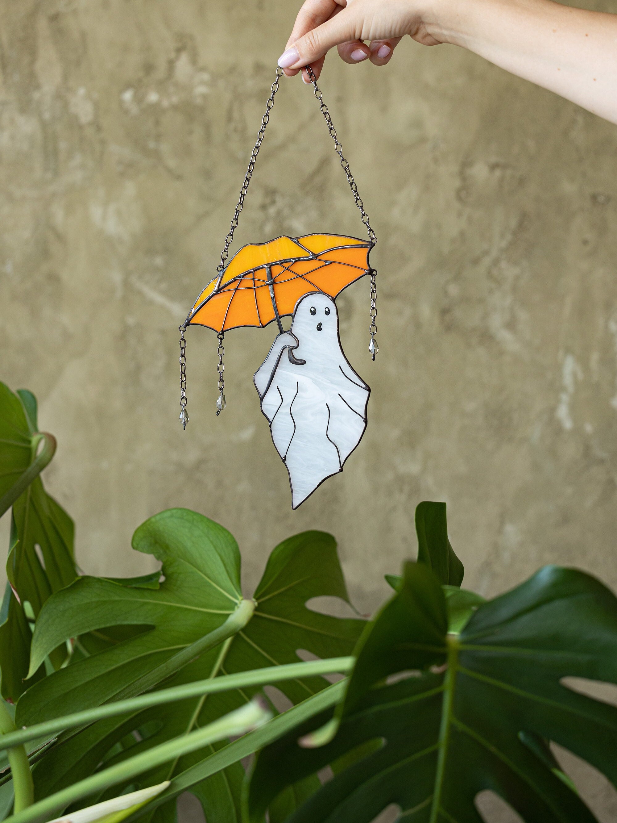 (Last Day Promotion - 70% OFF) Mystical Funny Ghost with Umbrella Stained Glass Suncather