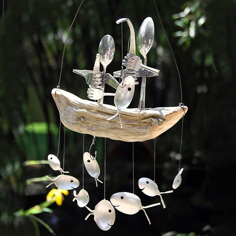 🐟Handmade Fishing Man Spoon Fish Sculpture Wind Chime