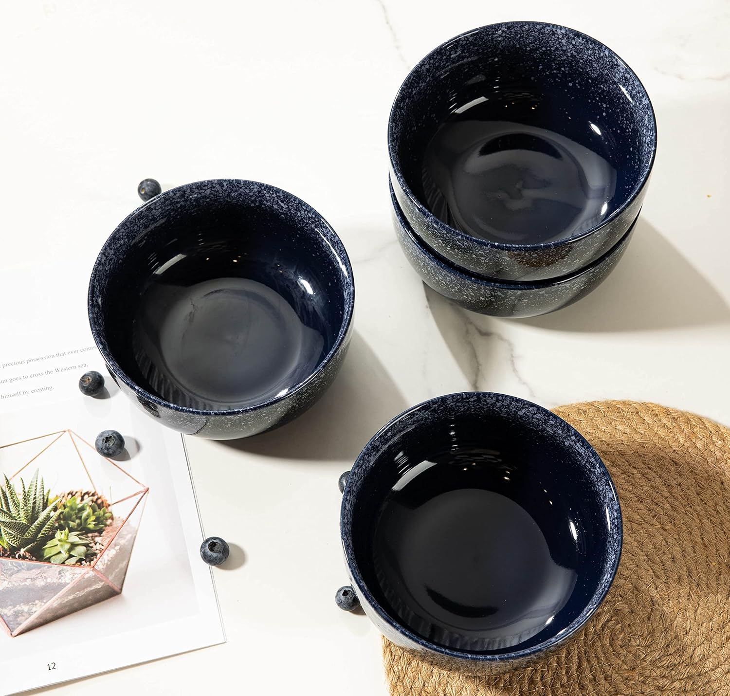 S&Q'S CERAMICS Cereal Bowls - 36 Ounce Ceramic Bowls, Japanese Noodle Bowl Set, Ceramic Bowls for Kitchen, Breakfast, Oatmeal, Microwave and Dishwasher Safe, [Set of 4], Dark Blue