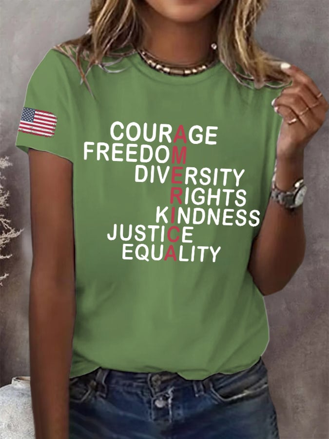 Retro America Courage Freedom Diversity Rights Kindness Justice Equality Print T-Shirt