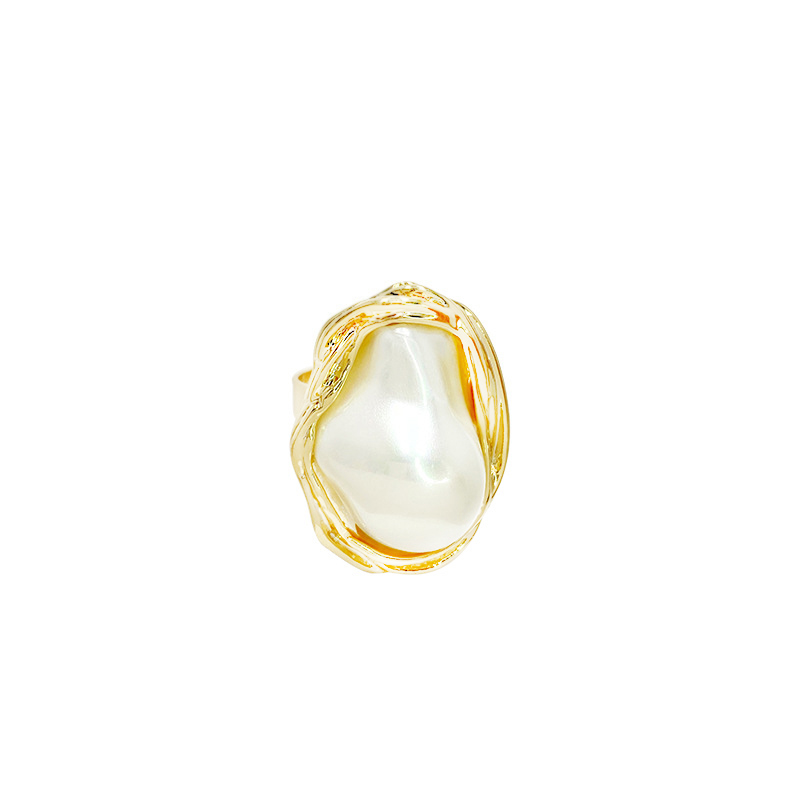 Retro metallic shaped pearl ring exaggerated geometric irregular opening adjustable woman's ring