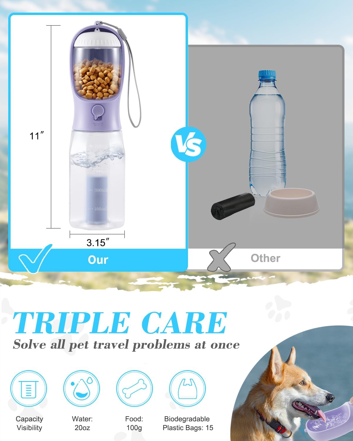 Dog Water Bottle 2 in 1, Leak Proof Portable Pet Water Bottle with Food Container, Outdoor Portable Water Dispenser for Cat, Puppy for Walking, Hiking, Camping, Travel(10oz Blue)