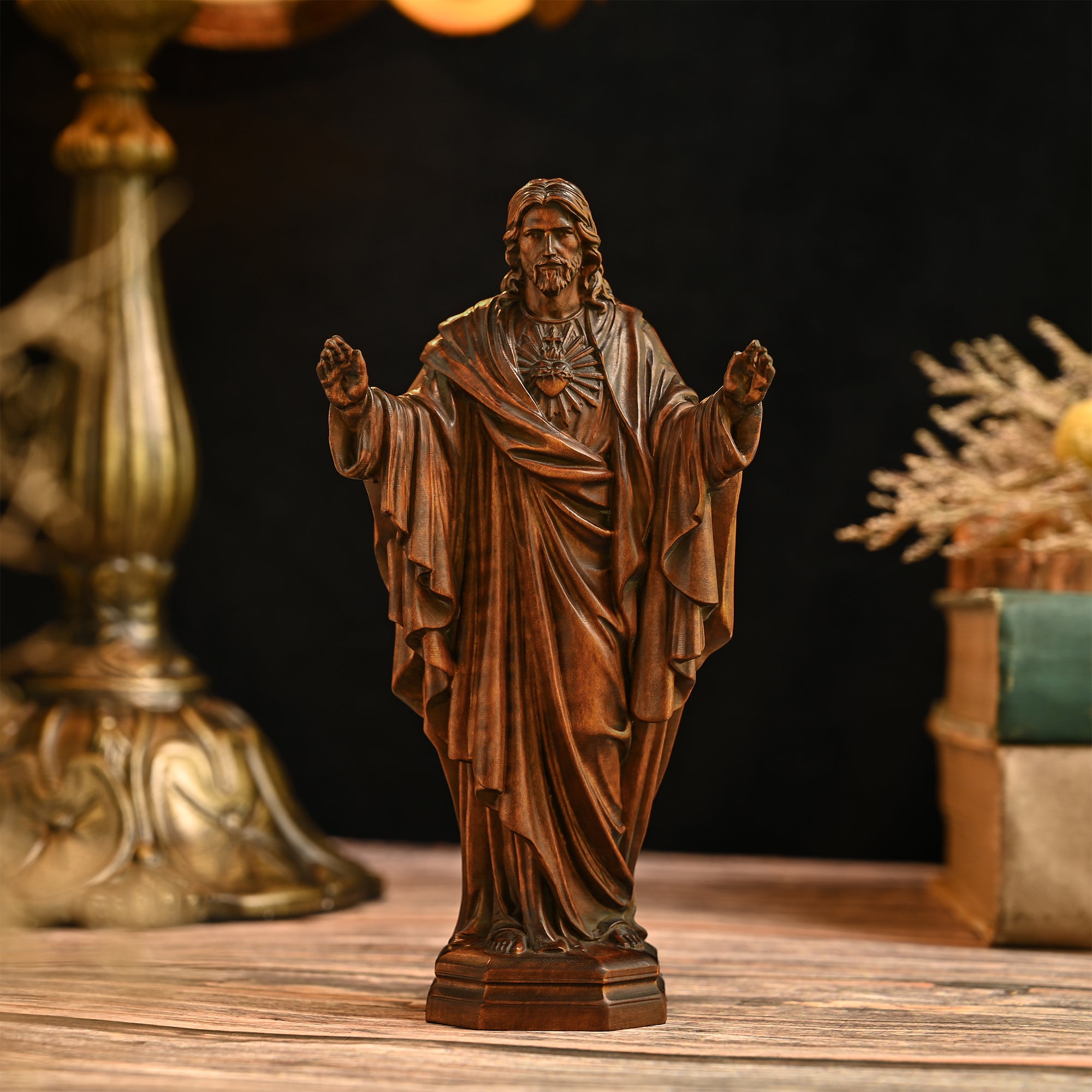 Hand Carved Sacred Heart of Jesus Virgin Mary Wooden Tabletop Ornament(𝐉𝐨𝐧 𝐇𝐚𝐦𝐛𝐥𝐢𝐧 𝐇𝐚𝐧𝐝𝐦𝐚𝐝𝐞®)