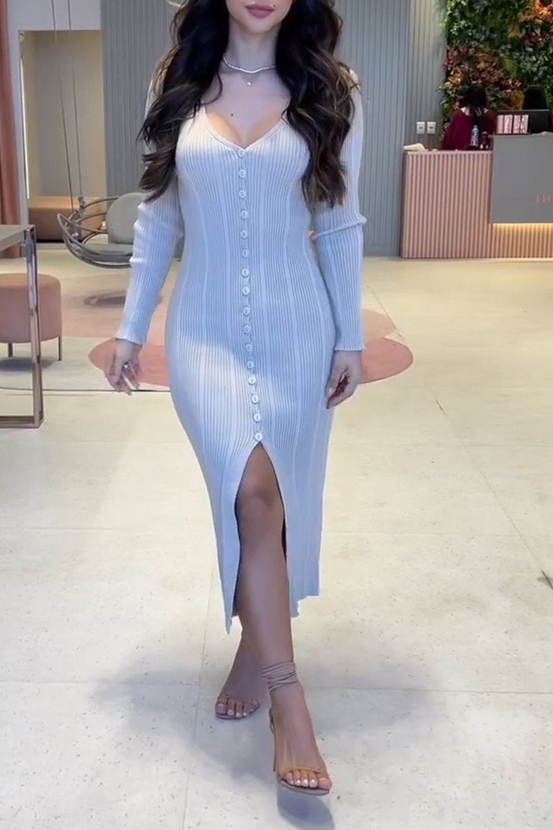 Women's Elegant V-neck Long-sleeved Elastic Knitted Dress
