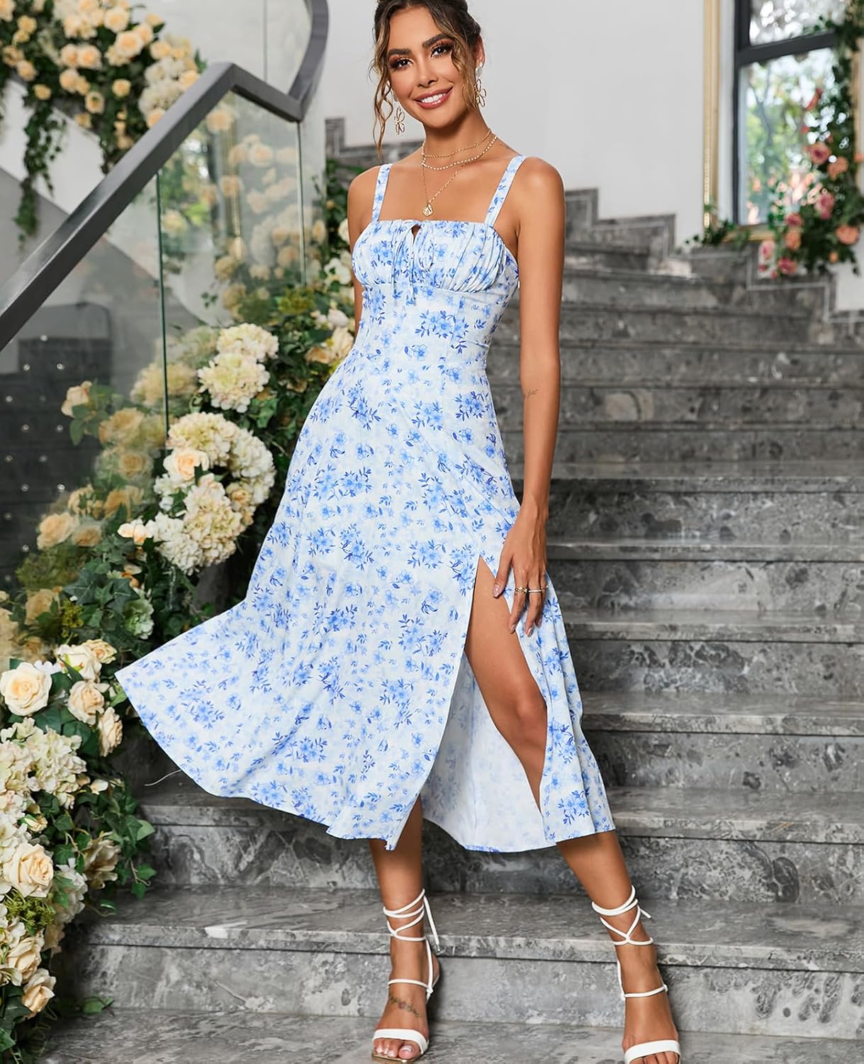 Floral Midi Corset Dress Boho Flowy Slit Lace Up Dresses for Women Going Out A Line Casual Sundress