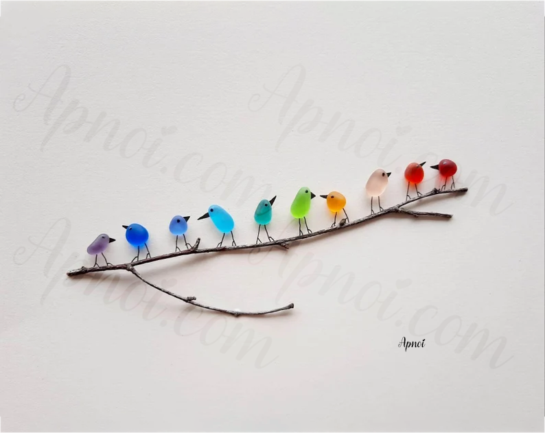 Sea Glass Rainbow Birds - Sea Glass Art- Sea Glass & Driftwood Picture - Framed Unique Handmade