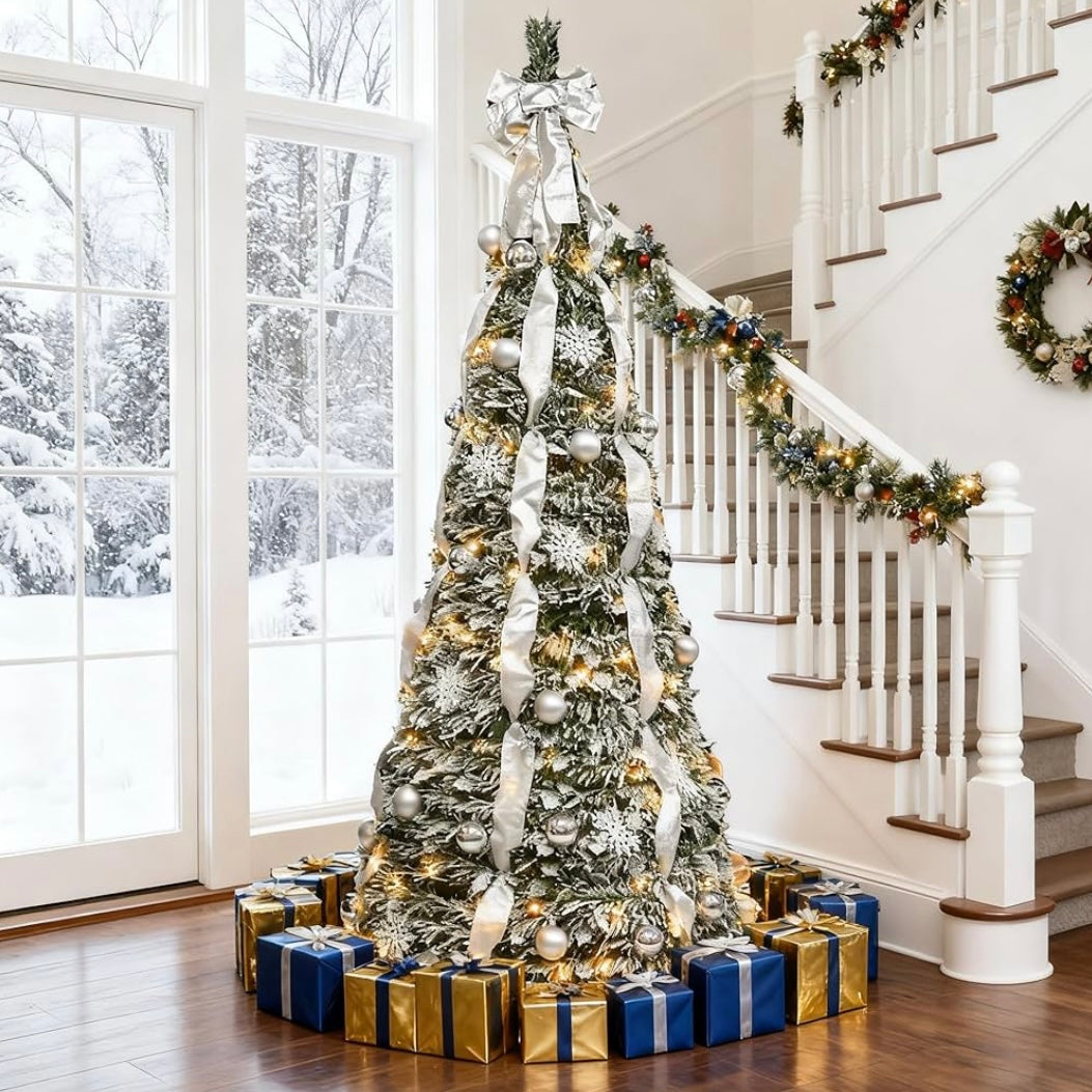 6FT Foldable Christmas Tree with LED Light and Ribbon