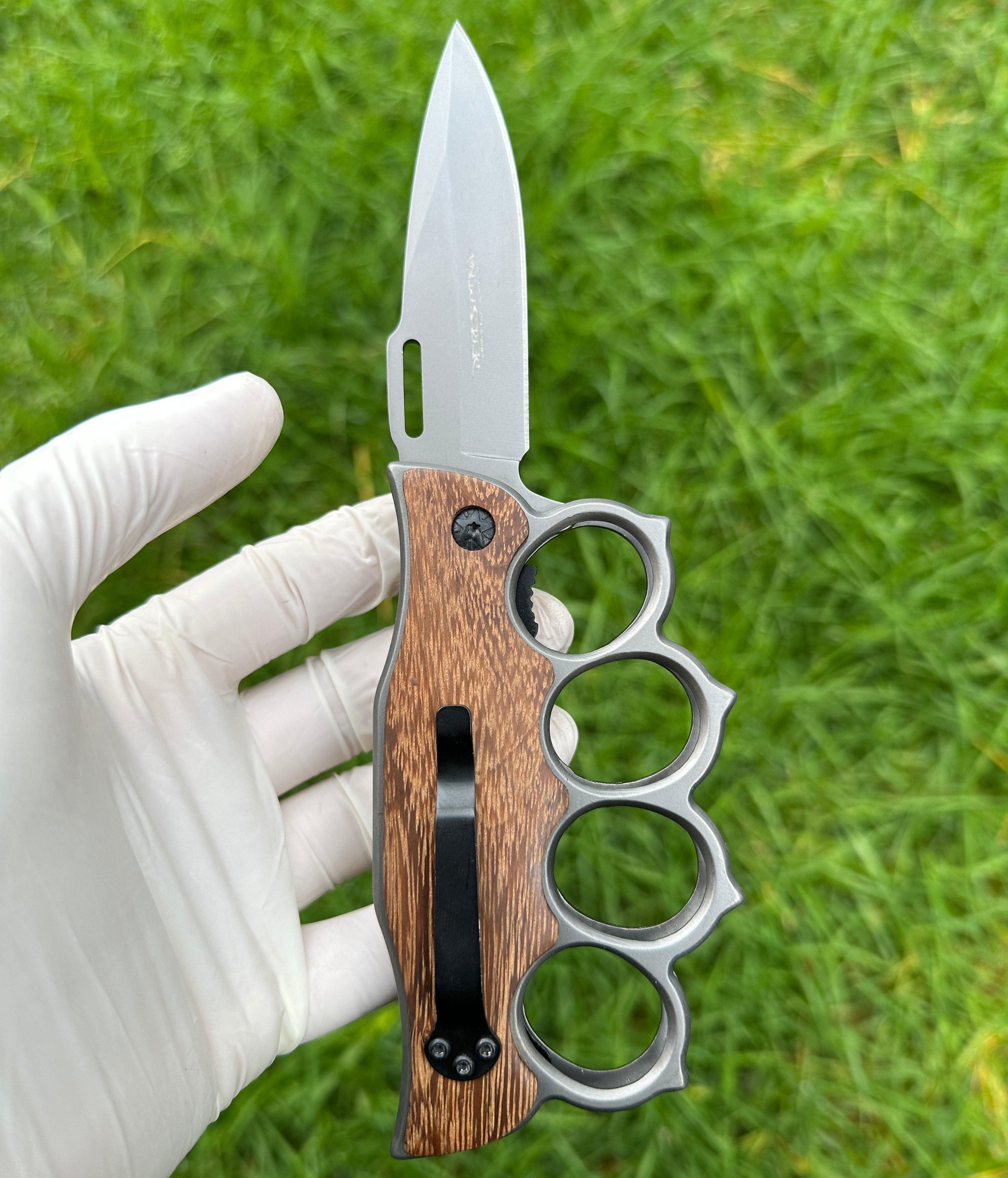 Motifs Knuckle Duster Wooden Handle Folding Knife Defense EDC