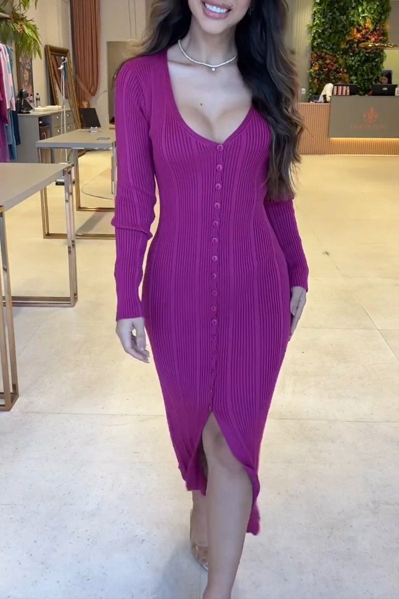 Women's Elegant V-neck Long-sleeved Elastic Knitted Dress