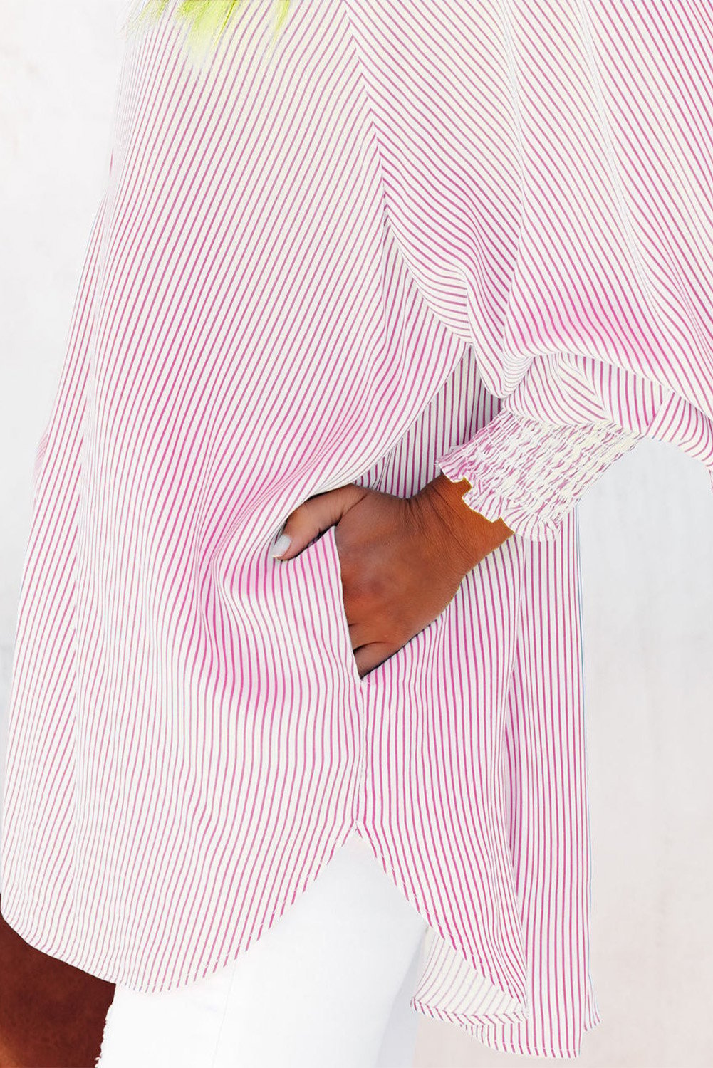 🏆️Mid-length smocked shirt with striped lapel and oversized drawdown sleeves