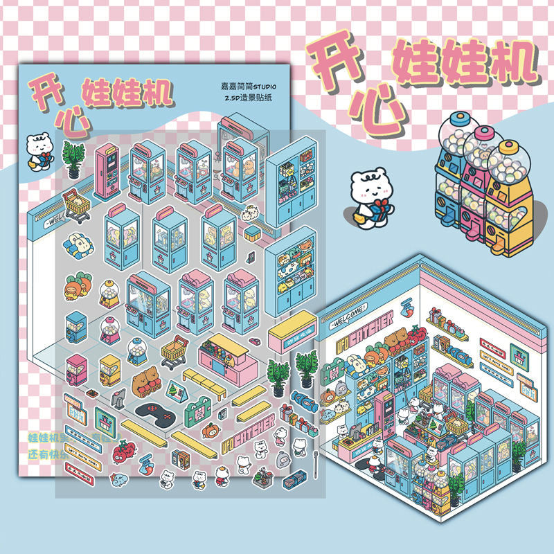 3D Miniature Scene DIY Work Time Bookstore Claw Machine Night Market Stickers