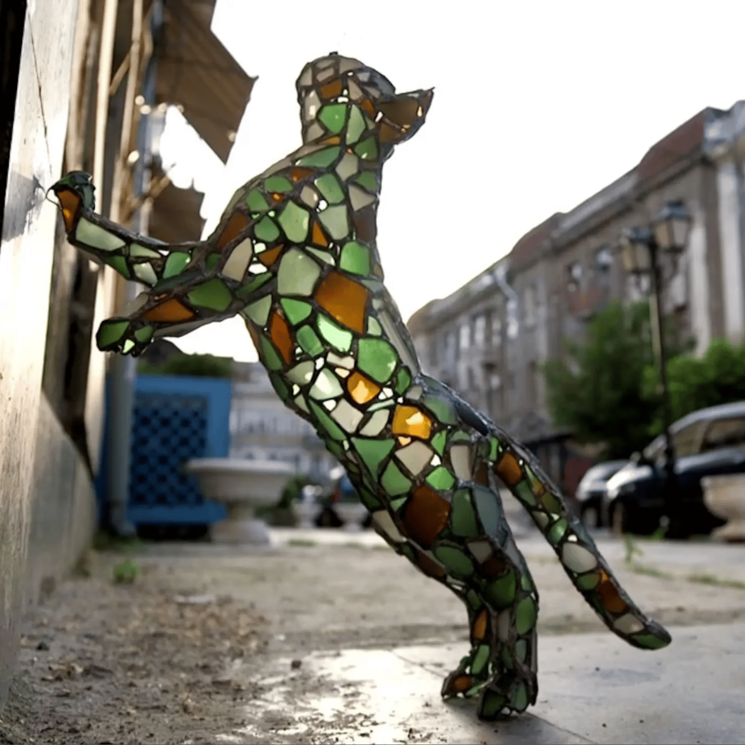 Handmade Climbing Cat Sea Stained Glass Lamp Art