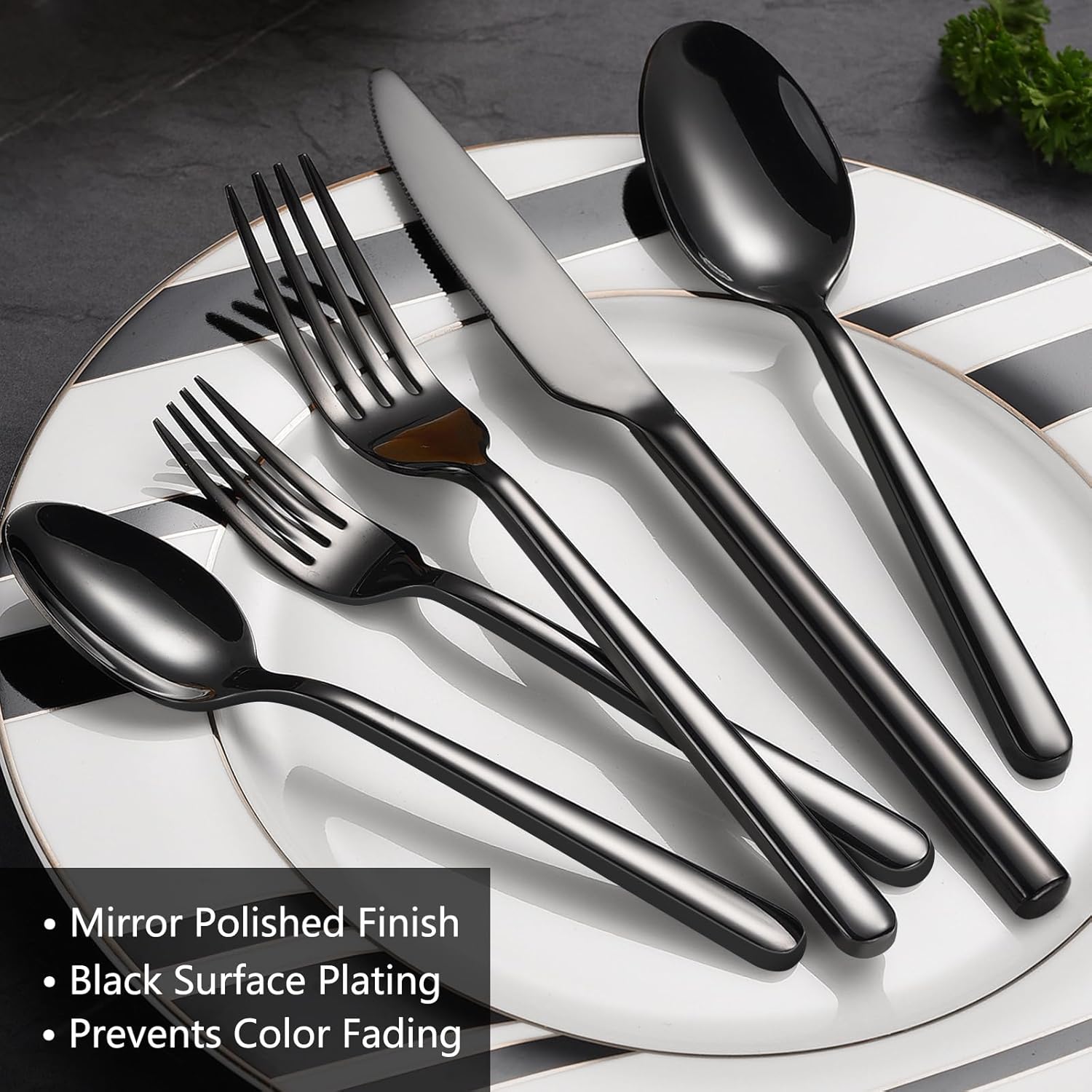 40-Piece Black Silverware Set for 8, Heavy-Duty 18/0 Stainless Steel Black Flatware Cutlery Set, Modern Round Handle Black Utensils Set, Dishwasher Safe for Home, Restaurant, Mirror Black, 40-PCS