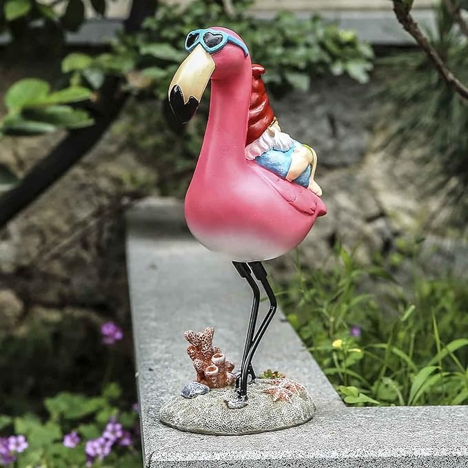 Gnome Garden Statue，Funny Gnome Reclining on Flamingo Figurines