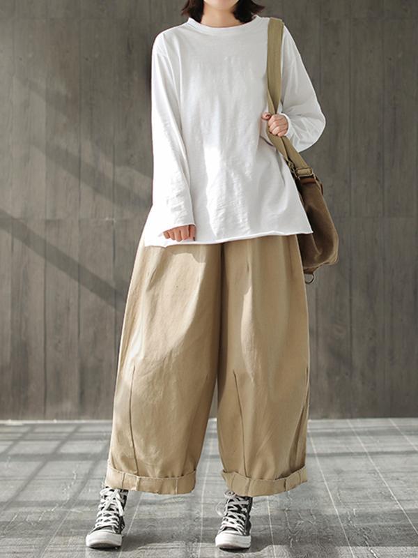 Odessa Vintage Loose Belted Ruffle Cotton Wide Leg Pants with Turnover Hems