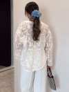 Women's Lapel Leaf Embroidered Button Casual Top