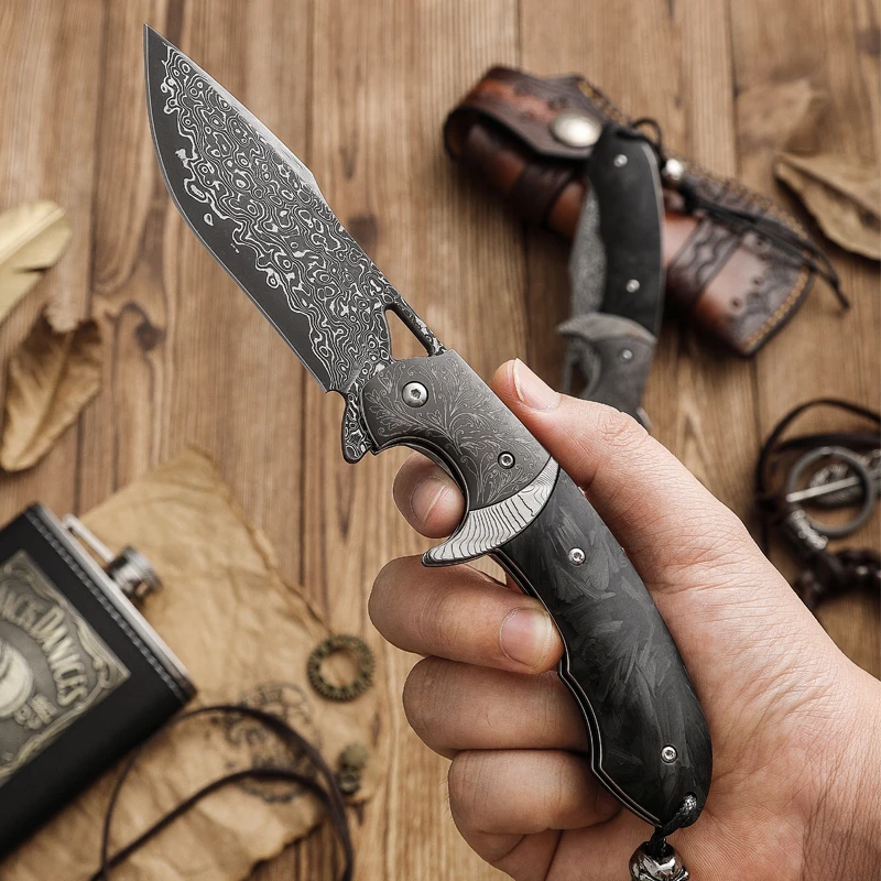 High-quality Damascus steel pocket knife, men's EDC survival folding knife, with sheath, camping, hunting, and fishing knife